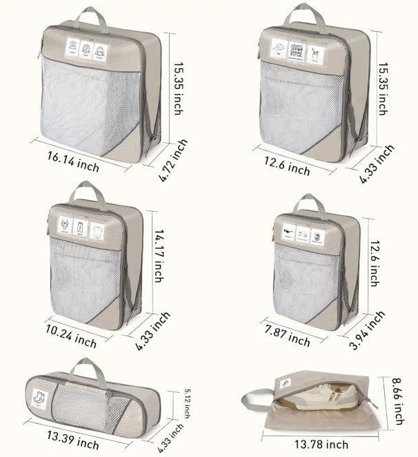 6-Piece Compression Packing Cubes Set – Expandable Travel Organizers (Beige)