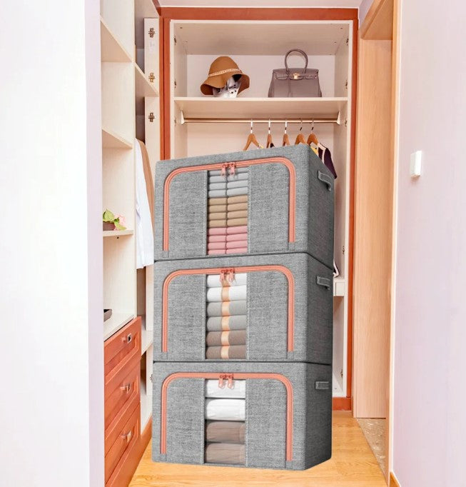 Set of 3 Extra Large Fabric Bedding Storage Bins with Metal Frame – 100L