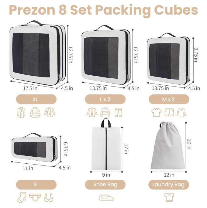8-Piece Compression Packing Cubes Set – Lightweight Travel Organizers