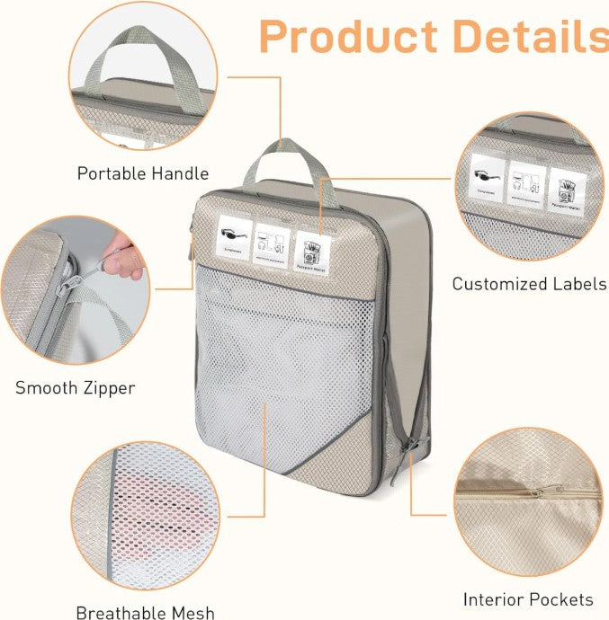6-Piece Compression Packing Cubes Set – Expandable Travel Organizers (Beige)