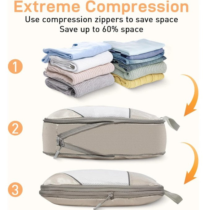 6-Piece Compression Packing Cubes Set – Expandable Travel Organizers (Beige)