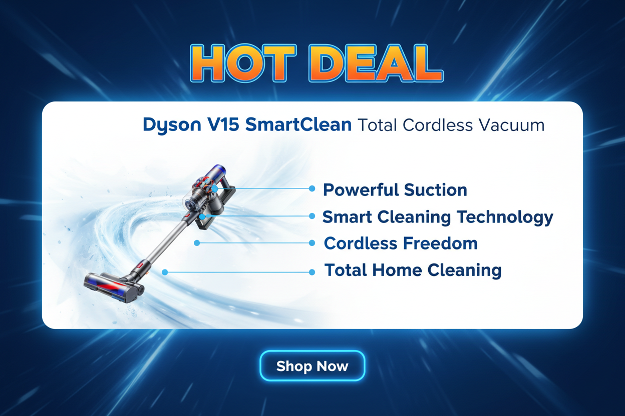 Please create me a image with text in it telling the costumers about the hot deal and about the product  for the Dyson V15 SmartClean Total Cordless Vacuum
